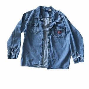 Vintage Dickies Denim Work Shirt Jacket Blue Button Front Logo Patch Workwear